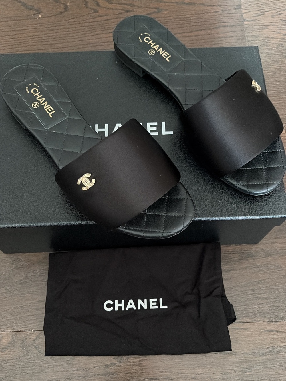CHANEL Black Satin Quilted Slide Sandals with Gold CC Emblem